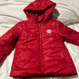 Gymboree M 7/8 hooded red puffer lined jacket front zip snowflake detail nwot